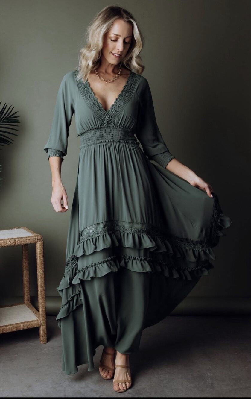 Baltic Born XXL Victorian bohemian western renaissance Green crochet Maxi Dress